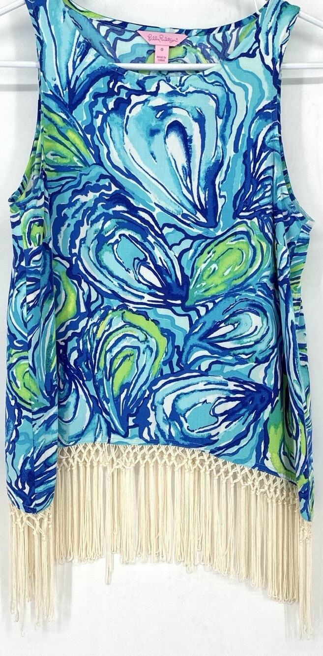 Lilly Pulitzer Sonya Fringe Tank Blue Oh Shucks Oyster Print Size 0